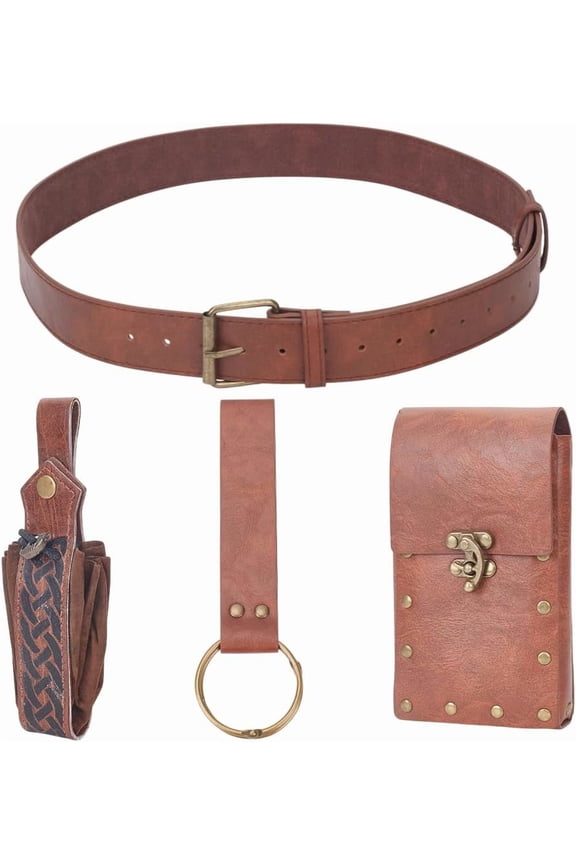 Renaissance Cosplay Belt Pouch Brown Leather Belt Bag Medieval Vintage Belts Bag Set for DIY
