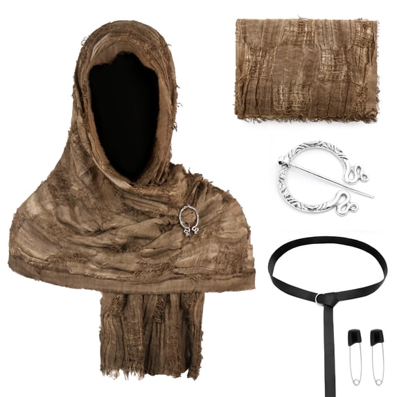Renaissance Cosplay Head Wrap Kit, Distressed Medieval Hooded Shawl Accessory Kit,Crinkled Renaissance Cosplay Head Wrap With Viking Pin Leather Belt for Halloween Larp Warrior Costume, Coffee
