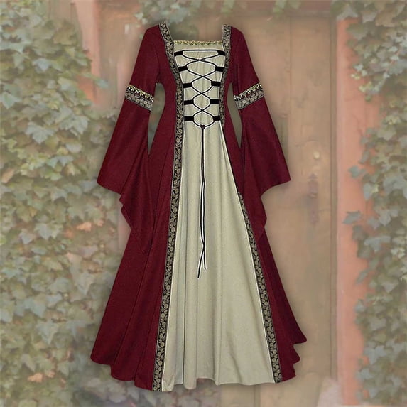 Renaissance Costume, Gothic Long Dress, Halloween Cosplay Gown, Medieval Dress for Women Vintage Renaissance Costumes Pirate Peasant Dresses Floor Length Halloween Long Dresses, Wine S