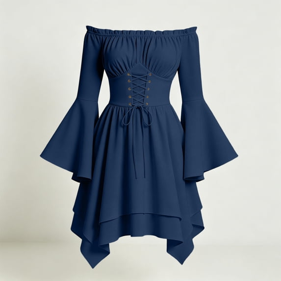 Renaissance Costume Women Bell Sleeve Cold Shoulder Lace up Ruffle Medieval Corset Dress Halloween Costumes Navy XXL