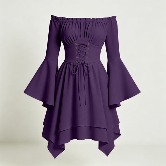 Renaissance Costume Women Bell Sleeve Cold Shoulder Lace up Ruffle Medieval Corset Dress Halloween Costumes Purple XL