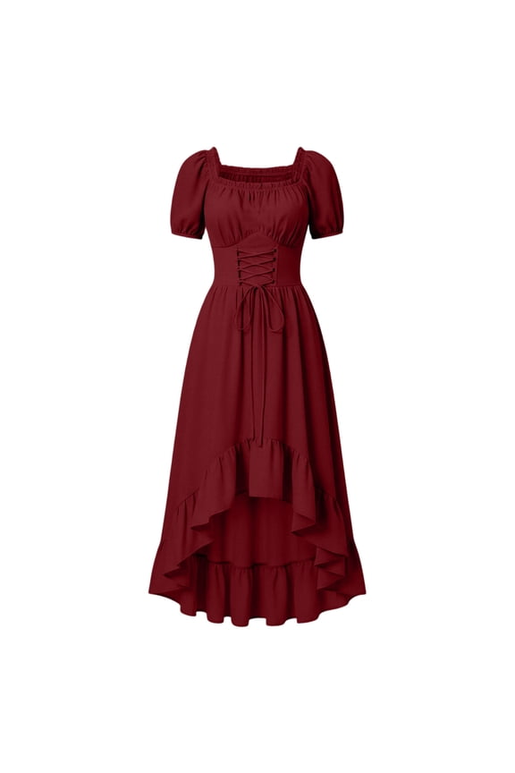 Renaissance Costume for Women High Low Summer Corset Dress for Halloween Ren Faire Pirate Party Puff Short Sleeve Lacing Square Neck/Off Shoulder Dresses Wine M