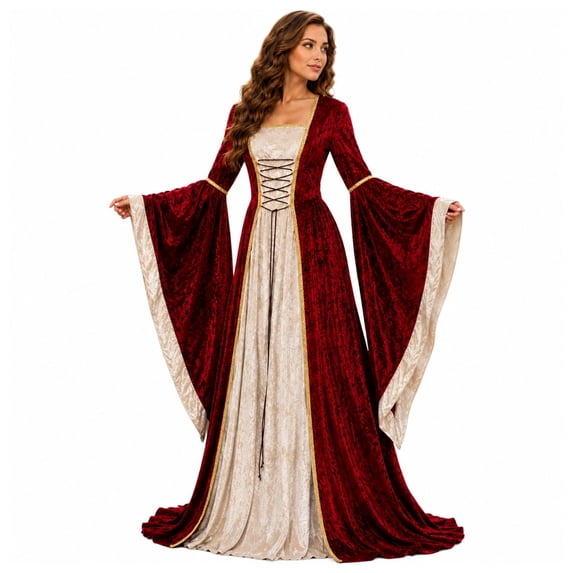 Renaissance Costume for Women, Medieval Court Gown with Flared Sleeves and Floor-Length Contrast Design for Halloween Party and Stage Performance, Burgundy and Cream, Size XXL
