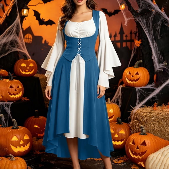 Renaissance Costume Women Medieval Dress Renaissance Pirate Dresses Blue XXL
