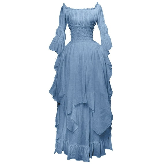 Renaissance Costume Women Medieval Dresses, Gothic Witch Wedding Under Dress Halloween Ruffle Long Sleeve Maxi Dress Sky Blue 3XL