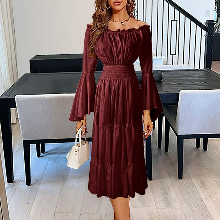Long sleees spring gray fit and flare dress 4876