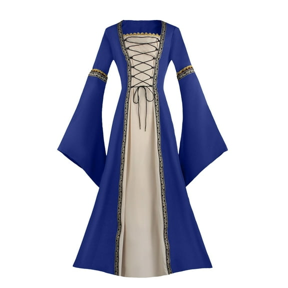Renaissance Costume Women Medieval Peasant Dress Trumpet Sleeve Victorian Ren Faire Bell Sleeve Long Dress