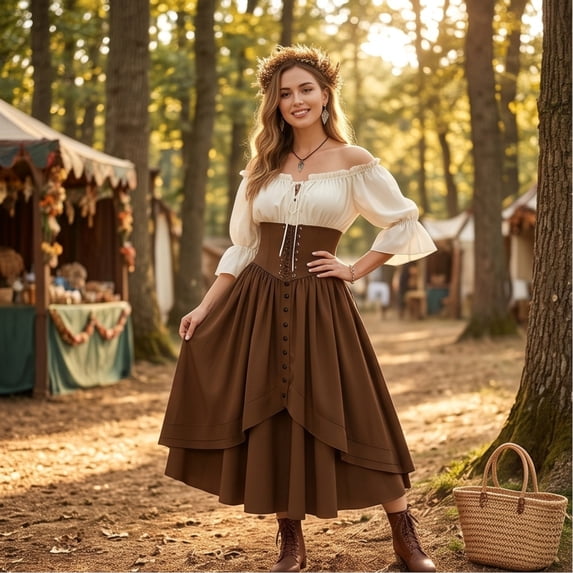 Renaissance Costume, Women Renaissance Costume Medieval High Waisted Skirt Set | 2 Piece Victorian Set,Off Shoulder Collar,Flared Sleeves,Skirt Length Up to Ankle, Coffee XL