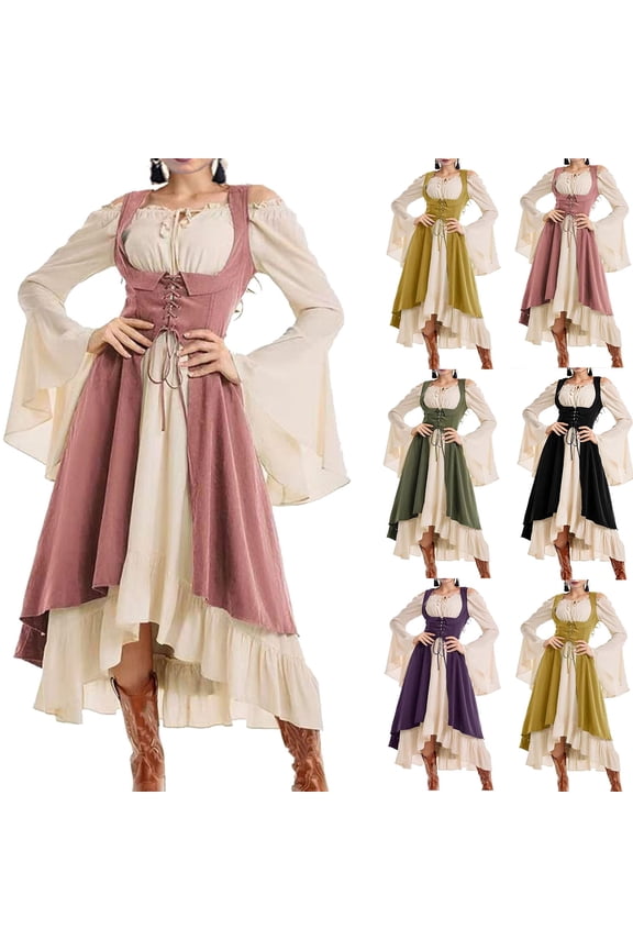 Renaissance Costume Women Ruffle Peasant Medieval Dress for Ren Fair Halloween Cosplay