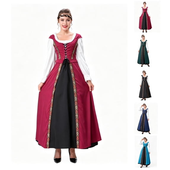 Renaissance Costume Women, Victorian Dress, Renaissance Dress Women, Renaissance Dress Women Medieval Costume Court Dress Victorian Regency Queen Princess Peasant Dress-Dress+Vest, Wine L