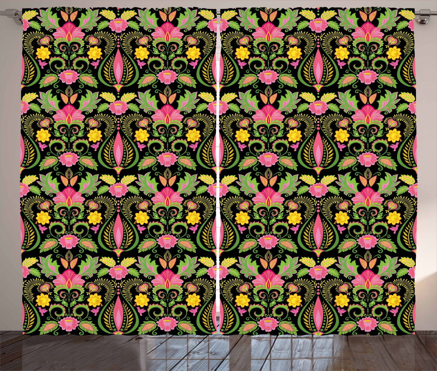 Curtain Renaisance Renaissance Curtains 2 Panels Set, Boho Exotic Flowers Feathers in ...