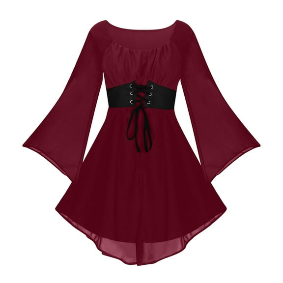 Renaissance Dress Medieval Costume Lace Up Bell Sleeve Victorian Mini Dresses Women Peasant Gothic Fairy Witch Wedding Dress