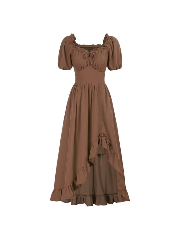 Renaissance Dress Women Cottagecore Corset Dress Drawstring Ruffle Maxi Dress Peasant Gothic Fairy Witch Wedding Costume