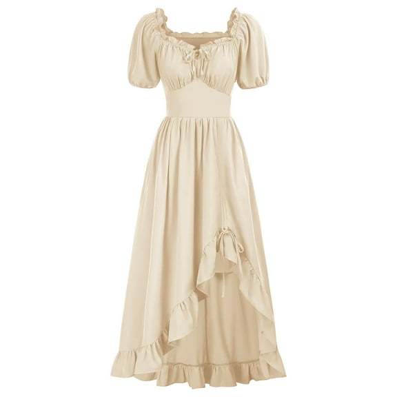 Renaissance Dress Women Cottagecore Corset Dress Drawstring Ruffle Maxi Dress Peasant Gothic Fairy Witch Wedding Costume