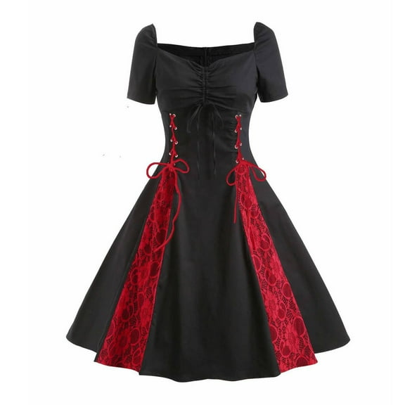 Renaissance Dress for Women Fashion Solid Short Sleeve Medieval Dress Square Neck Pleated Retro Dress A Line Halloween Costume Long Dresses for Halloween Cosplay