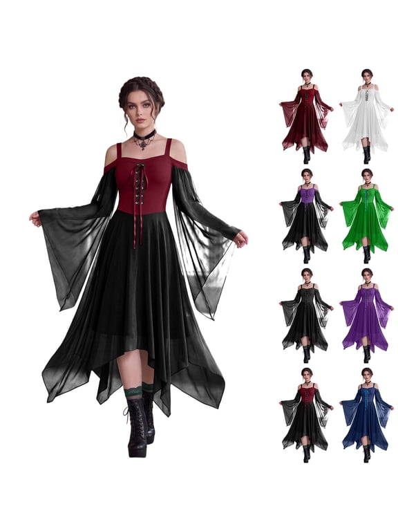Renaissance Dress Women Medieval Gothic Witch Dresses, Halloween Dressess Off Shoulder Butterfly Sleeve Vintage Vampire for Holiday Wear