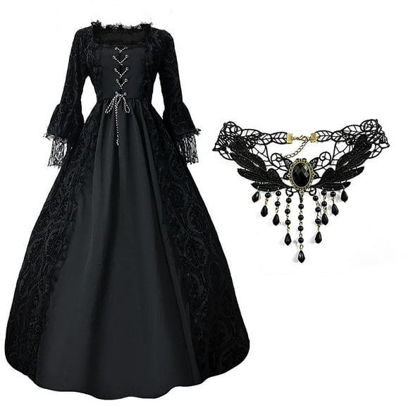 Renaissance Dress Women Medieval Queen Costume with Necklace Long Sleeve Cosplay Halloween Gown