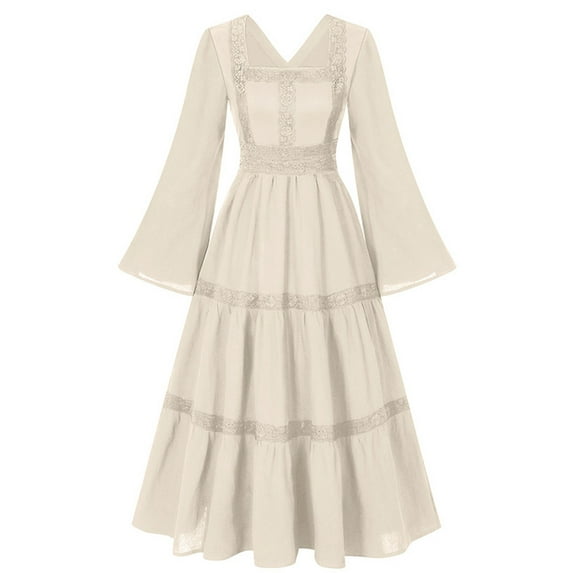 Renaissance Dress Women Pirate Peasant Tiered Flowy Long Dresses V Neck Bell Sleeve Vintage Victorian Costume