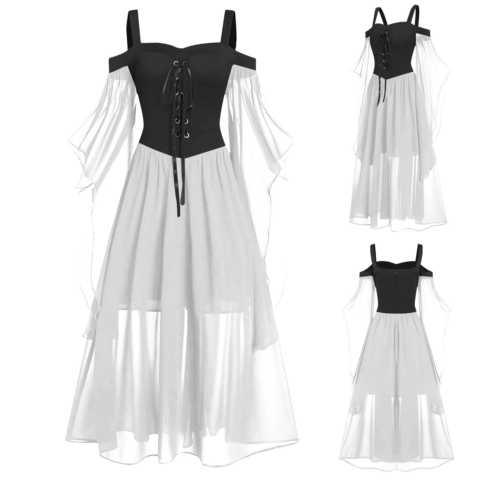 RYRJJ Women's Retro Medieval Renaissance Costume Dresses Plus Size Vintage  Flare Long Sleeve Gothic Dress with Corset Party Short Mini Dress(White,S)  