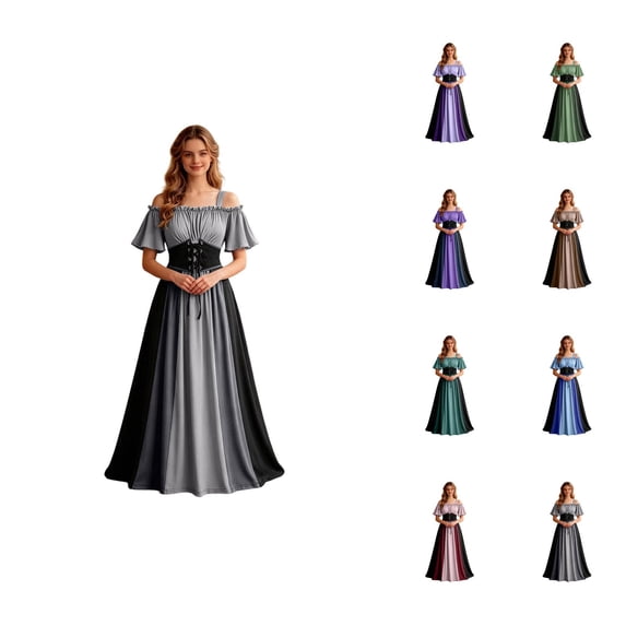 Renaissance Dress Women Short Sleeve Cold Shoulder Underbust Corset Dresses Vintage Victorian Goth Halloween Maxi Dress