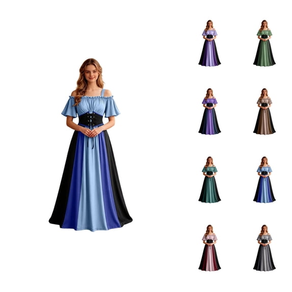 Renaissance Dress Women Short Sleeve Cold Shoulder Underbust Corset Dresses Vintage Victorian Goth Halloween Maxi Dress