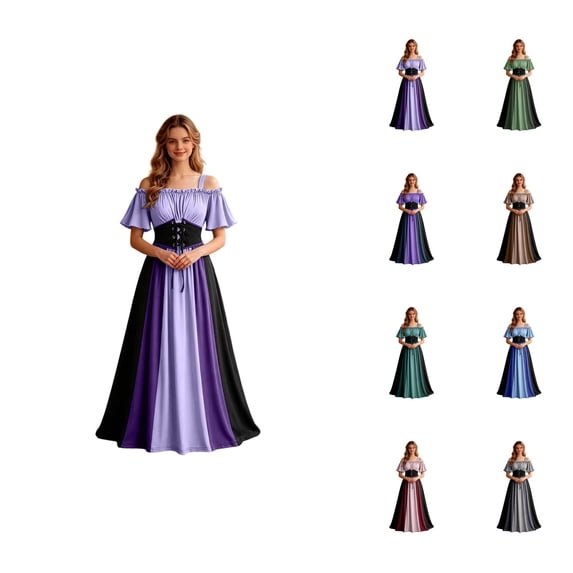 Renaissance Dress Women Short Sleeve Cold Shoulder Underbust Corset Dresses Vintage Victorian Goth Halloween Maxi Dress