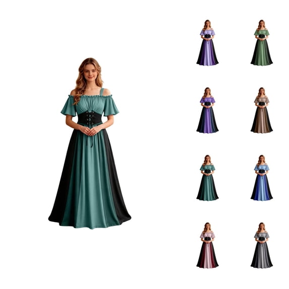 Renaissance Dress Women Short Sleeve Cold Shoulder Underbust Corset Dresses Vintage Victorian Goth Halloween Maxi Dress