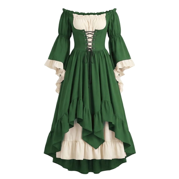 Renaissance Dress Women Off Shoulder Bell Sleeve Dress Victorian Princess Dress Plus Size Vintage Lace Corset Medieval Dresses Ball Gown Ren Fair Halloween Cosplay, Green XL