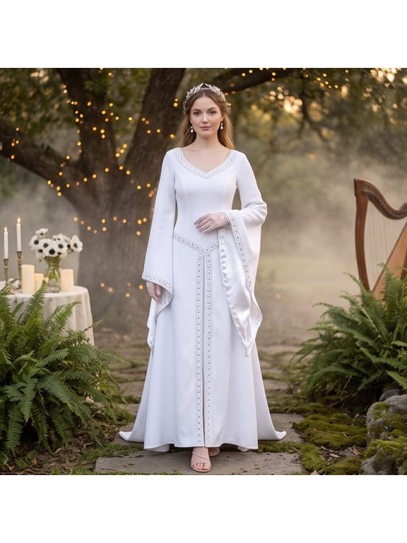 Renaissance Dress Women, Womens Renaissance Costume, Medieval Dress for Women Steampunk Witch Dress Cosplay Halloween Princess Costume Gothic Retro Flare Sleeve Ball Gown, White M