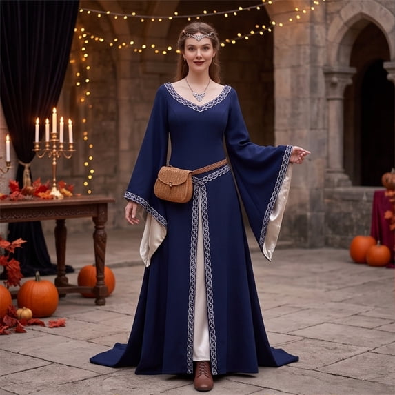 Renaissance Dress Women, Womens Renaissance Costume, Medieval Dress for Women Steampunk Witch Dress Cosplay Halloween Princess Costume Gothic Retro Flare Sleeve Ball Gown, Dark Blue M
