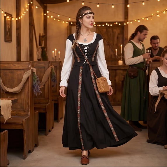 Renaissance Dress Women, Womens Renaissance Costume, Renaissance Costume, Renaissance Dress Women Medieval Costume Court Dress Victorian Regency Queen Princess Peasant Dress-Dress+Vest, Black XXL