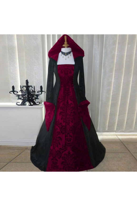 Renaissance Dress Women with Hood Peasant Gothic Witch Dress Ball Gown Vintage Victorian Dresses Halloween Costume Red M