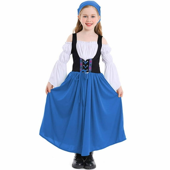 Renaissance Dress for Kids Girls Medieval Princess Dresses Off Shoulder Bell Sleeve Victorians Dress for Oktoberfest Halloween 2024 Blue m