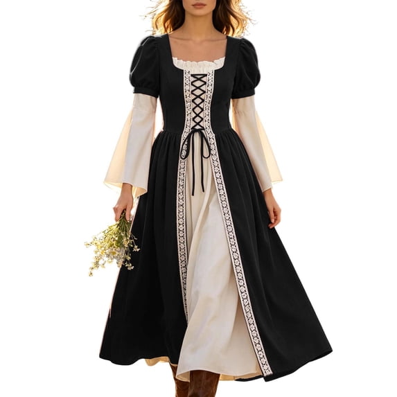 Renaissance Dress for Women Halloween Medieval Costume Long Sleeve Victorian Lace up Dresses Peasant Gothic Fairy Witch Dress Black M