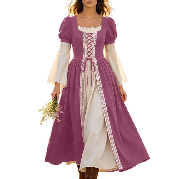 Renaissance Dress for Women Halloween Medieval Costume Long Sleeve Victorian Lace up Dresses Peasant Gothic Fairy Witch Dress Pink XXL