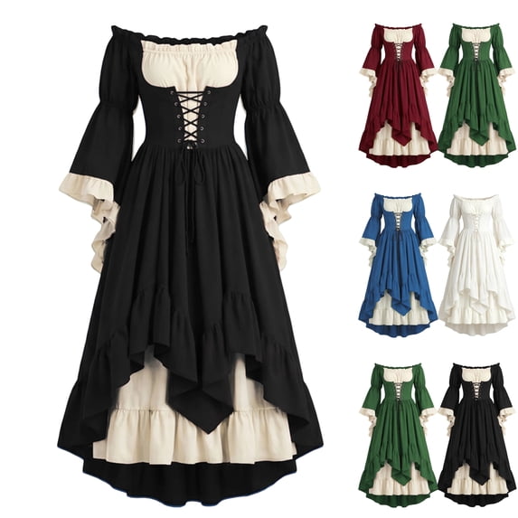 Renaissance Dress for Women Medieval Halloween Bell Sleeve Victorian Dresses Off Shoulder Peasant Gothic Fairy Witch Dress Black S