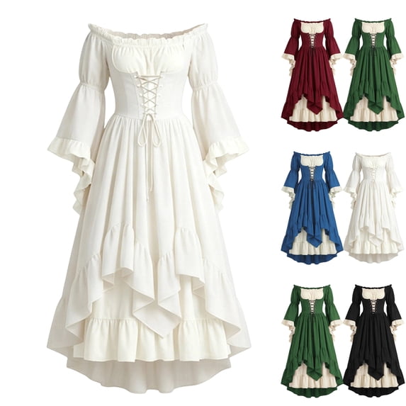 Renaissance Dress for Women Medieval Halloween Bell Sleeve Victorian Dresses Off Shoulder Peasant Gothic Fairy Witch Dress White L