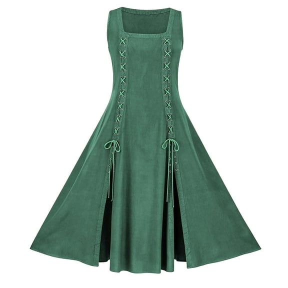 Renaissance Dress for Women Peasant Medieval Square Neck Lace Up Dress Casual Sleeveless Sundress