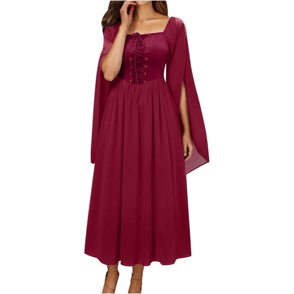 Renaissance Dress for Women Square Neck Flowy Cape Sleeve A-Line Midi Vintage Gown Cosplay Medieval Dresses