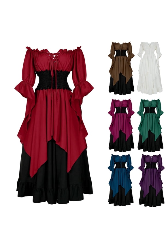 Renaissance Dresses for Women Peasant Medieval Flowy Maxi Dresses Off Shoulder Corset Bell Sleeve Gothic Fairy Witch Wedding Under Dress Halloween Costume Wine S