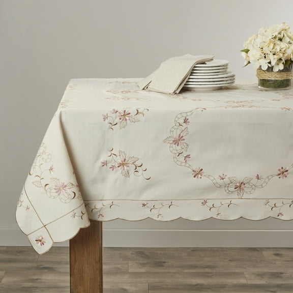Renaissance Embroidered Design Tablecloth Beige 70" X 88"