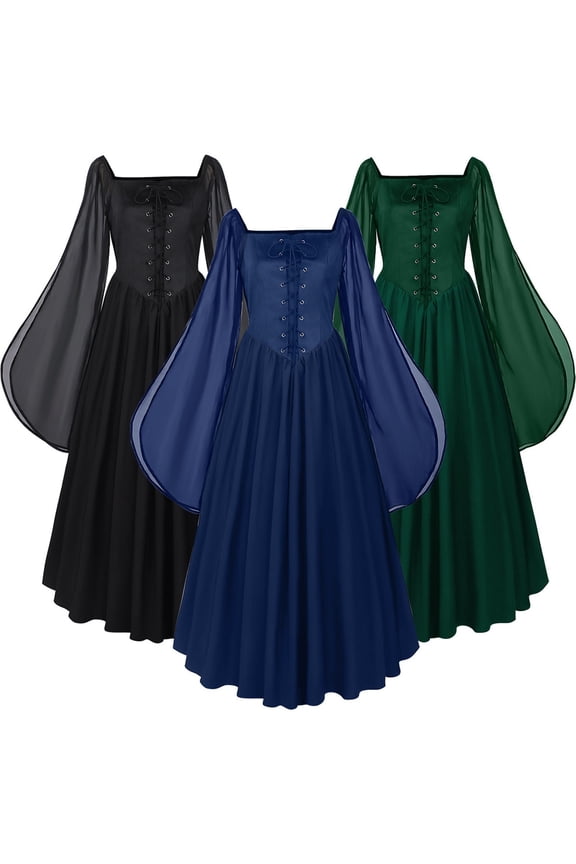 Renaissance Era Men Women Pirate Dress with Slit and Bell Sleeves Fairy Gown Holiday Black XXL