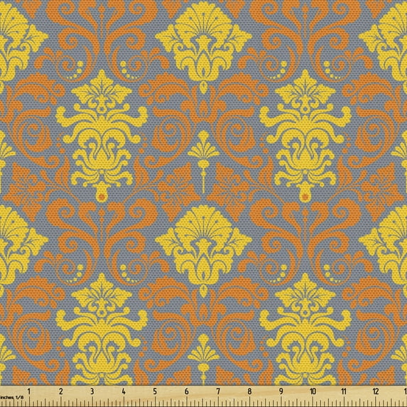 Ambesonne Renaissance Fabric by the Yard Upholstery, Baroque Damask Motif, 1 Yard, Earth Yellow Orange Grey