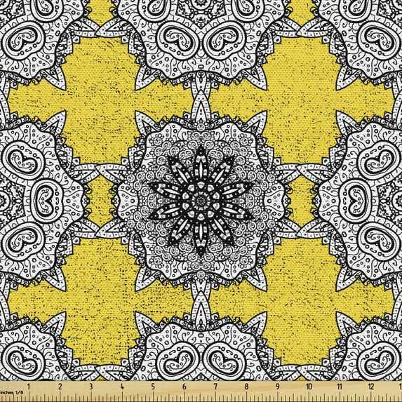 Ambesonne Renaissance Fabric by the Yard Upholstery, Old Damask Ornaments, 1 Yard, Yellow Black White