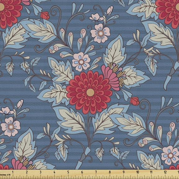 Ambesonne Renaissance Fabric by the Yard Upholstery, Rococo Antique Growth, 3 Yards, Dark Blue Vermilion