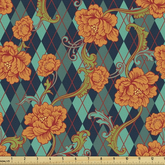 Renaissance Fabric by the Yard Upholstery, Vibrant Baroque Blossoms over Geometric Diagonal Royal Romantic, Decorative Fabric for DIY and Home Accents, 1 Yard, Turquoise Navy Blue by Ambesonne