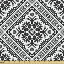 Ambesonne Renaissance Fabric by the Yard Upholstery, Victorian Floral Damask, 1 Yard, Black and White
