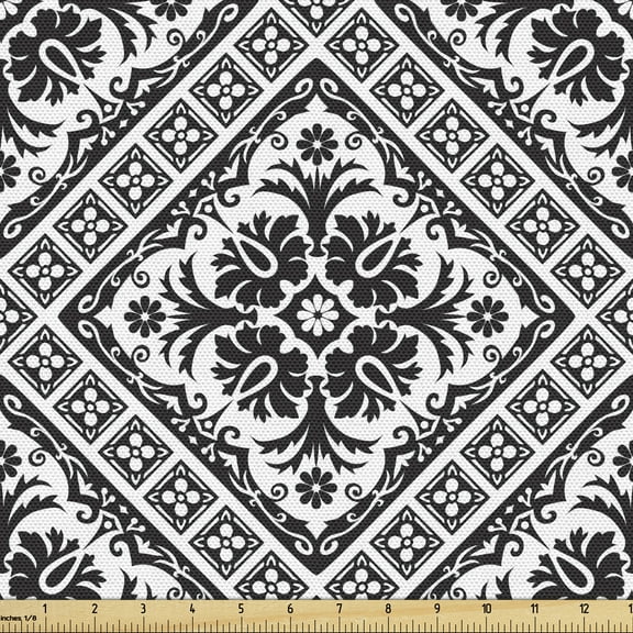Ambesonne Renaissance Fabric by the Yard Upholstery, Victorian Floral Damask, 1 Yard, Black and White