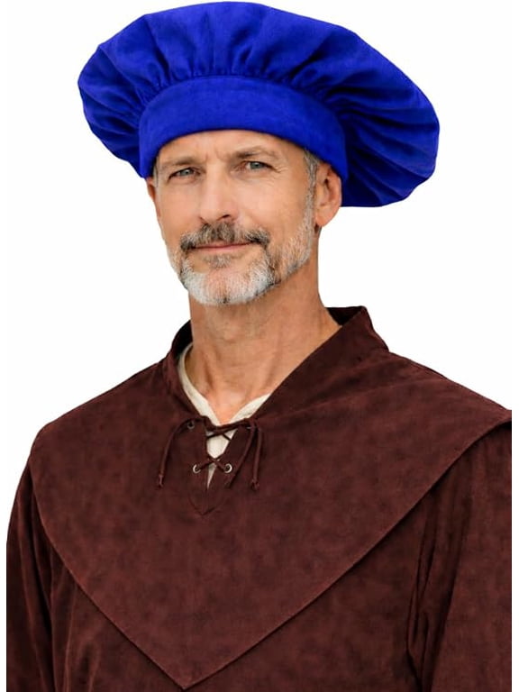 Renaissance Flat Cap for Men & Women – Medieval Cavalier Wrench Hat in Polysuede Adjustable Tudor Costume Headwear for Ren Fair Reenactment - Blue