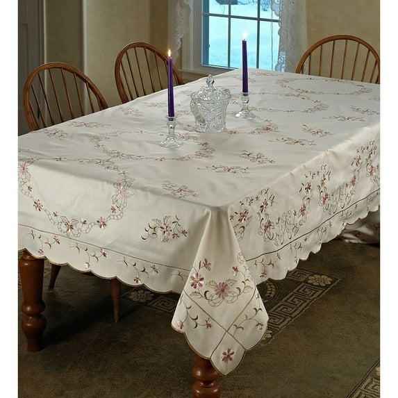 Renaissance Flower Embroidered Tablecloth, Ivory, 70 Round